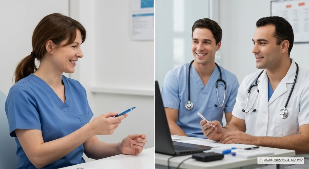 A positive photo of a patient with a healthcare professional discussing treatment options in a clinical setting, depicting a warm and supportive