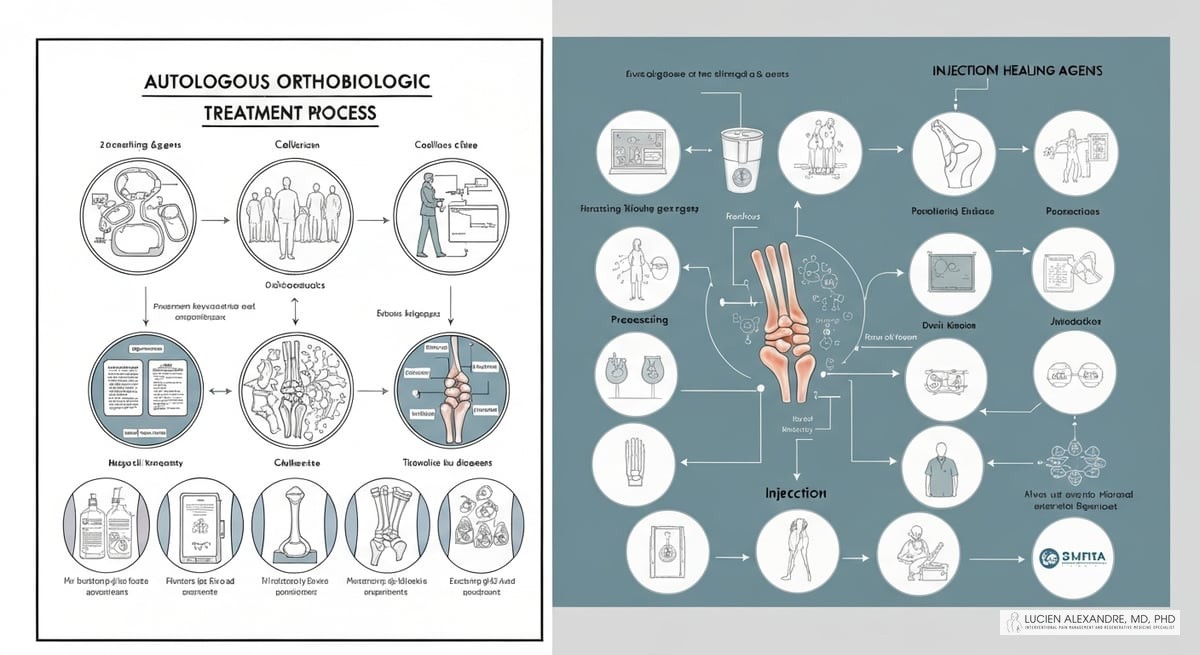 An infographic illustrating the autologous orthobiologic treatment process, showing the steps from collection, processing, to injection of the